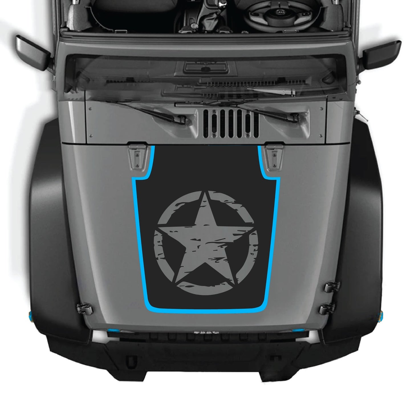 Jeep Wrangler JK/JKU hood decal by CarCode, style #78, black and white graphic design applied on the vehicle's hood.