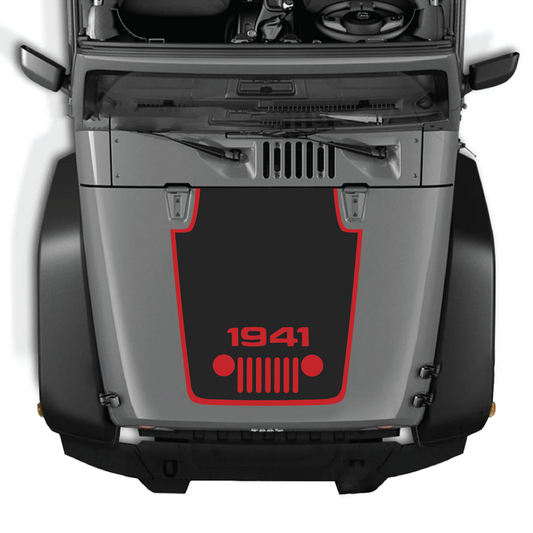CarCode Jeep Wrangler JK/JKU hood decal Style #56, black graphic vinyl sticker on vehicle hood, 2007-2018 model.