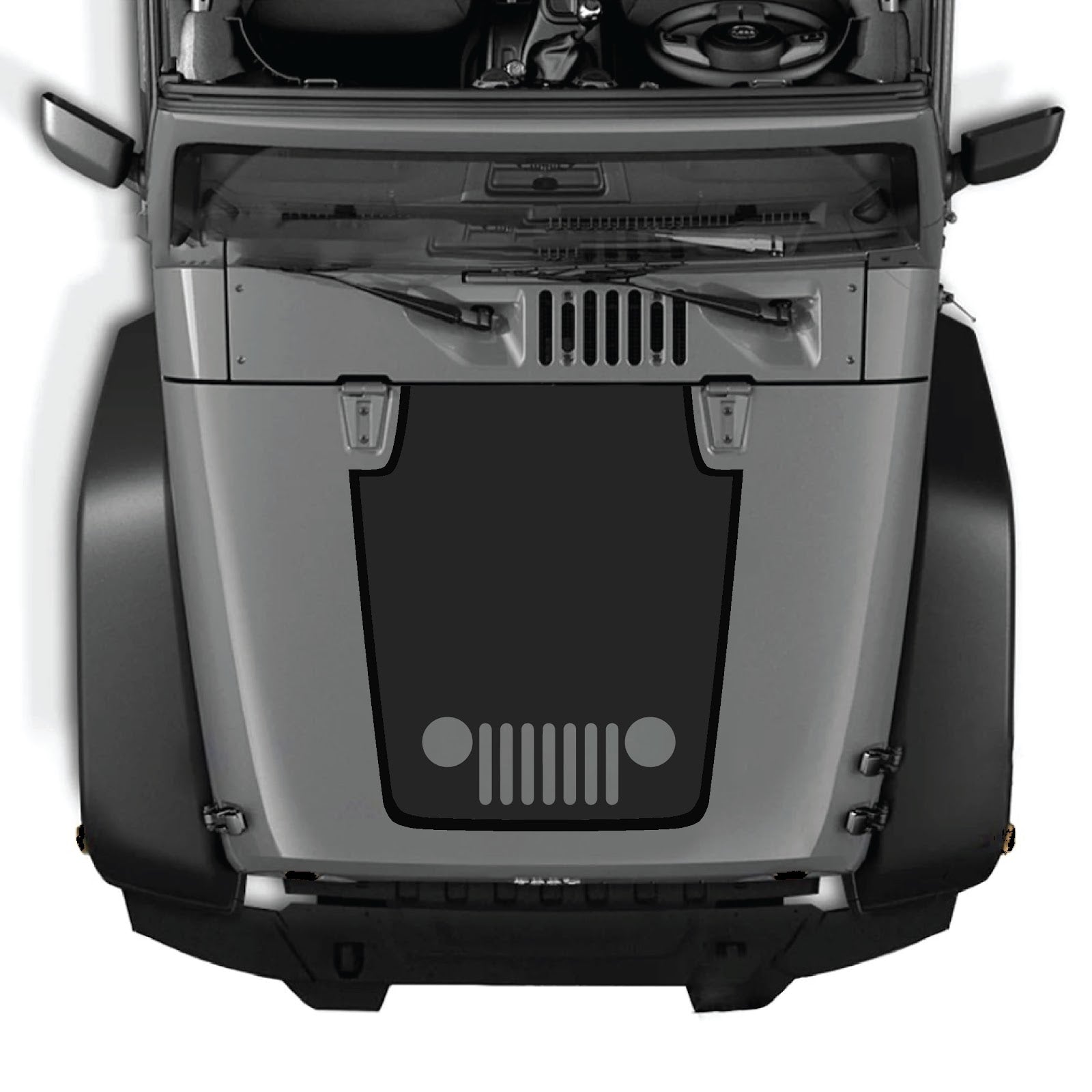 CarCode Jeep Wrangler JK/JKU hood decal in style #80, black graphic design on silver hood, 2007-2018 model.
