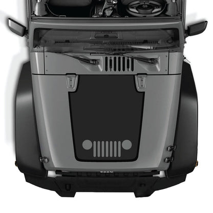 CarCode Jeep Wrangler JK/JKU hood decal in style #80, black graphic design on silver hood, 2007-2018 model.