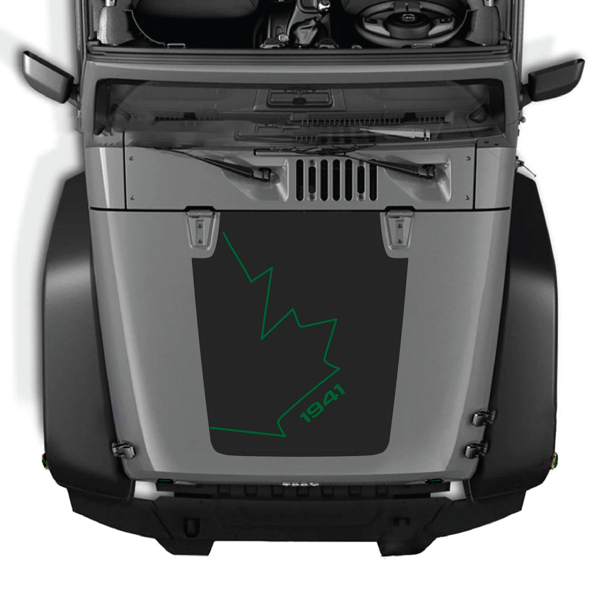CarCode Jeep Wrangler JK/JKU hood decal in style #08, black and white graphic design on vehicle hood for 2007-2018 models