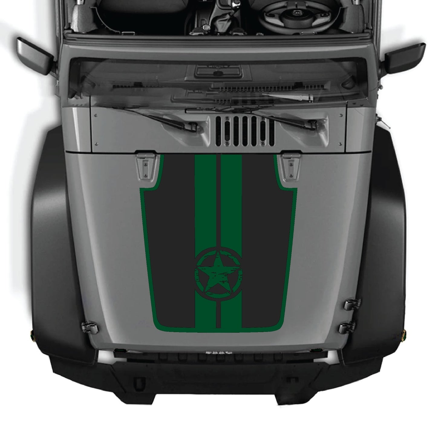 CarCode hood decal for Jeep Wrangler JK/JKU 2007-2018, style #42, shown on the vehicle's hood in the image.