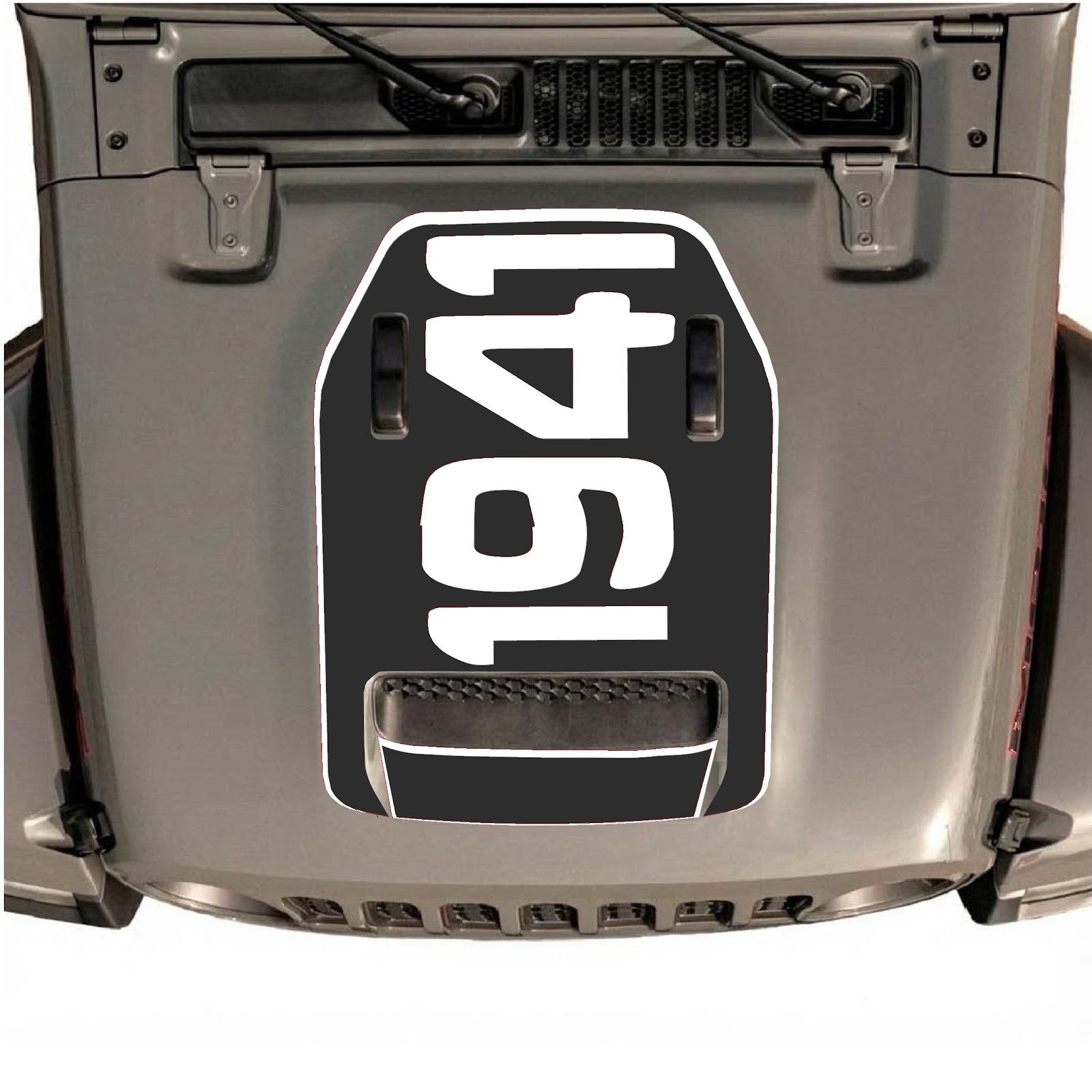 Jeep Wrangler JL/JLU Rubicon 392 and JT Gladiator Mojave hood decal by CarCode, style #01, shown on vehicle hood.