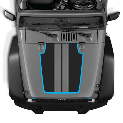 CarCode Jeep Wrangler JK/JKU hood decal Style #89, black graphic vinyl decal on vehicle hood for 2007-2018 models.