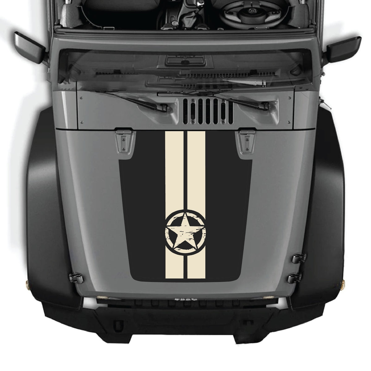 CarCode hood decal for Jeep Wrangler JK/JKU 2007-2018, style #41, shown on a silver Jeep with the decal applied to the hood.