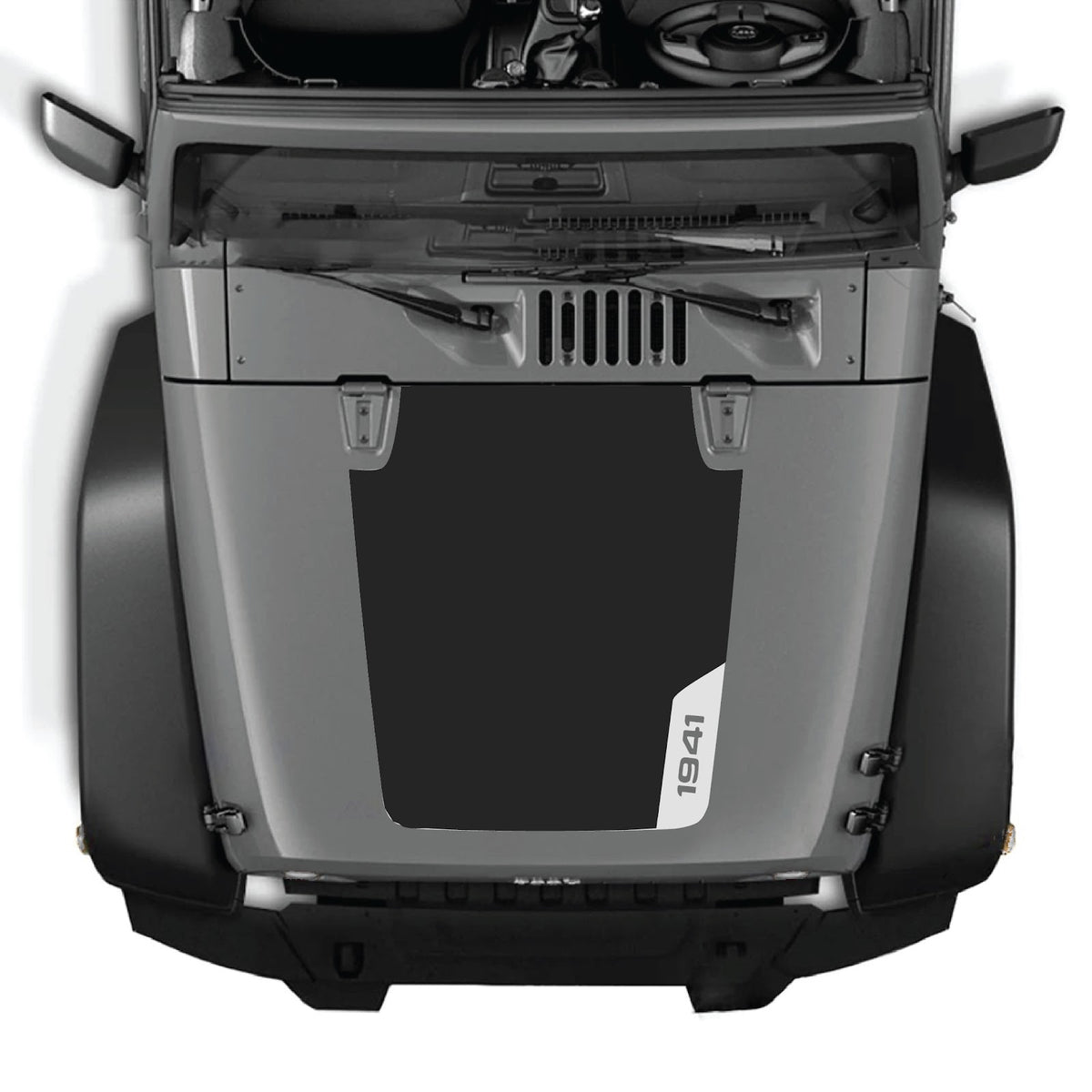 CarCode hood decal for Jeep Wrangler JK/JKU 2007-2018, style #83, black graphic design on the hood's surface.