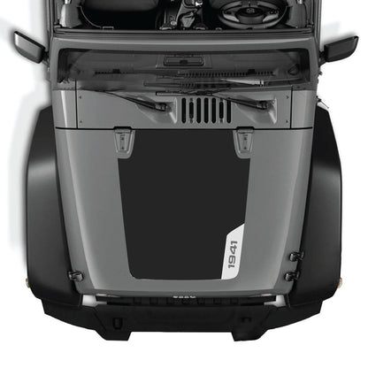 CarCode hood decal for Jeep Wrangler JK/JKU 2007-2018, style #83, black graphic design on the hood's surface.