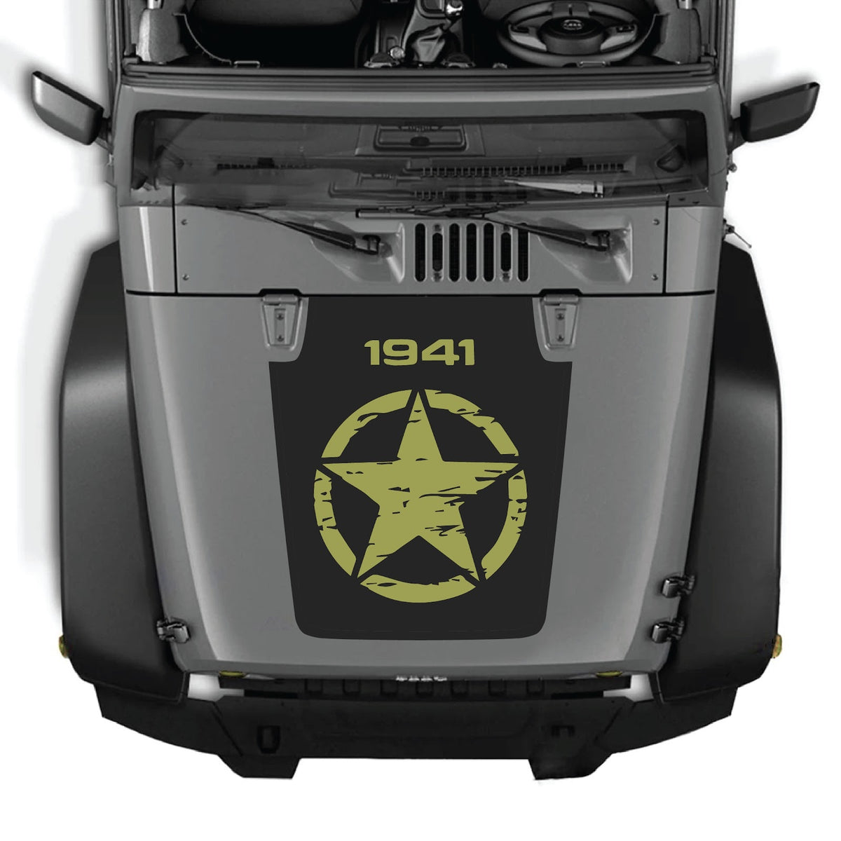 Jeep Wrangler JK/JKU hood decal in style #26, black and gray design, applied to the vehicle's hood for a custom look.