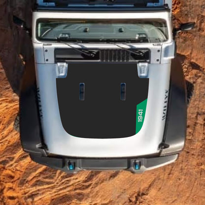 CarCode hood decal for Jeep Wrangler JL and Gladiator JT, stylish standard hood design in black with bold graphics.