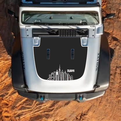 CarCode hood decal for Jeep Wrangler JL, JLU, Gladiator JT, standard hood style, black graphic design for 2018+ models