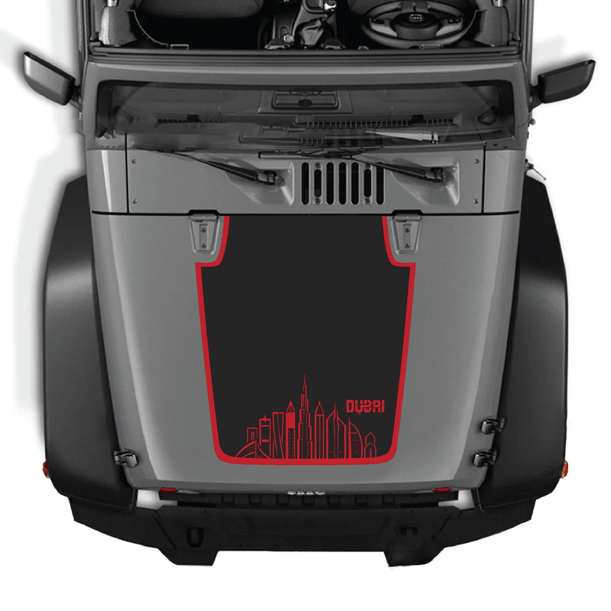 CarCode Jeep Wrangler JK/JKU hood decal, Style #24, black graphic design on the vehicle's hood for a customized look.
