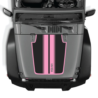 CarCode Jeep Wrangler JK/JKU hood decal in style #66, black graphic design on hood for 2007-2018 model year Jeep vehicles.
