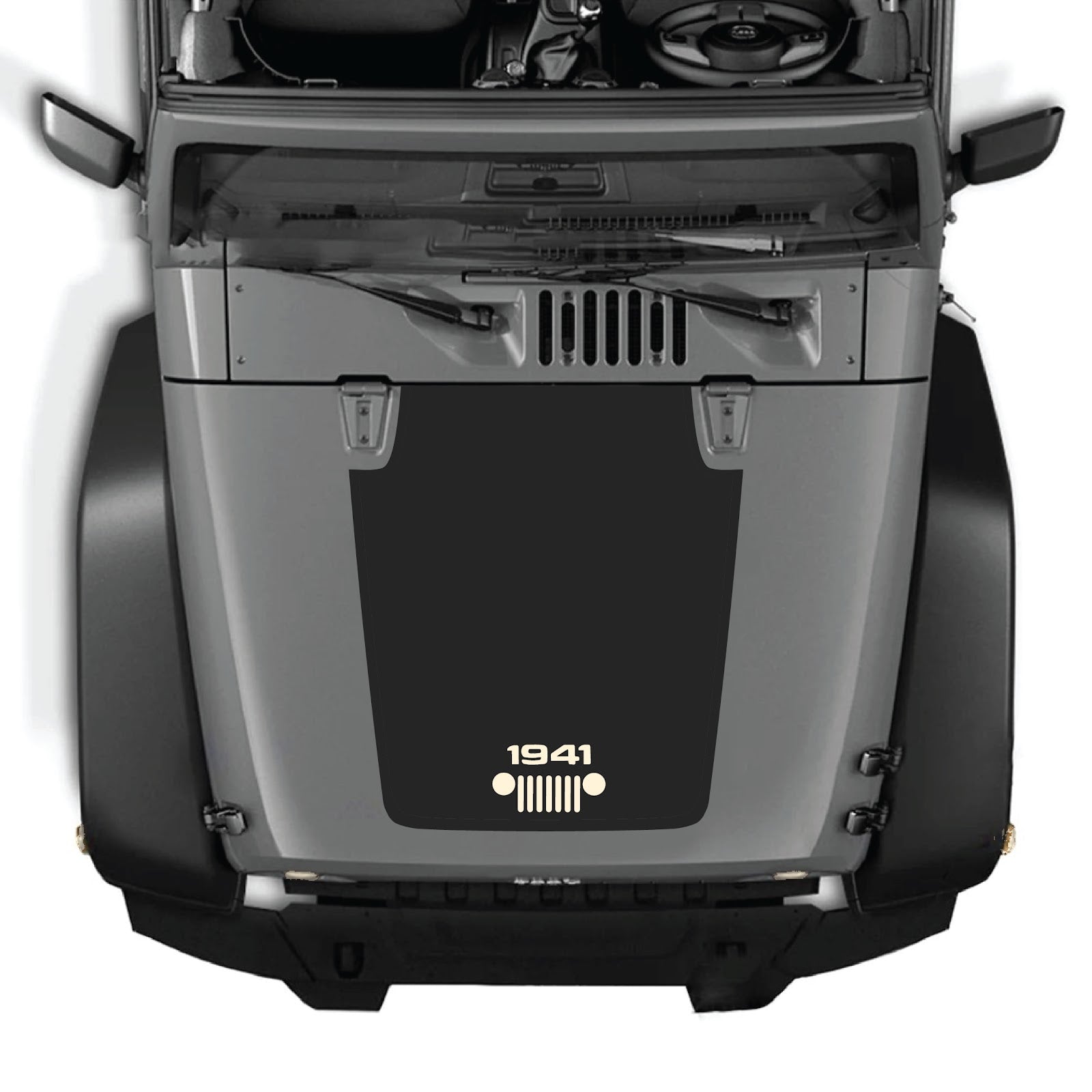 CarCode Jeep Wrangler JK/JKU hood decal in style #53, black graphic design on hood of 2007-2018 model.