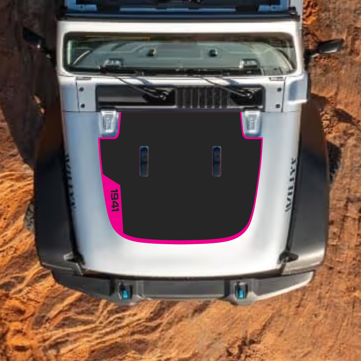 CarCode Jeep Wrangler JL and Gladiator JT hood decal with stylish #44 design on standard hood, 2018+ model compatible.