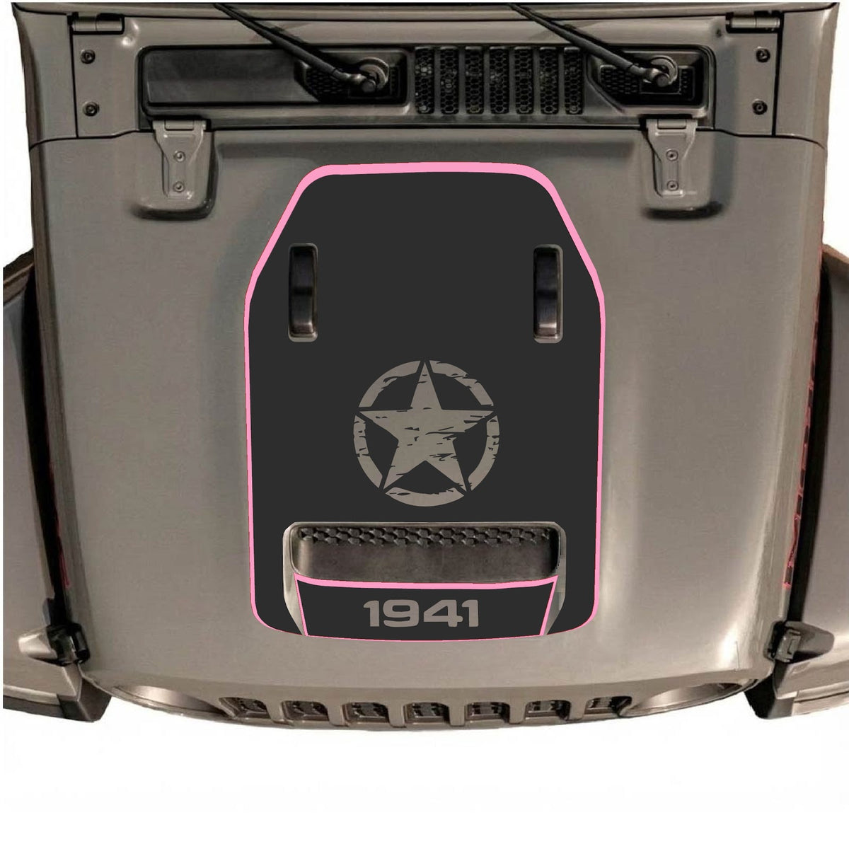 Jeep Wrangler JL/JLU Rubicon 392 and Gladiator Mojave hood decal by CarCode, stylish design in black and white.
