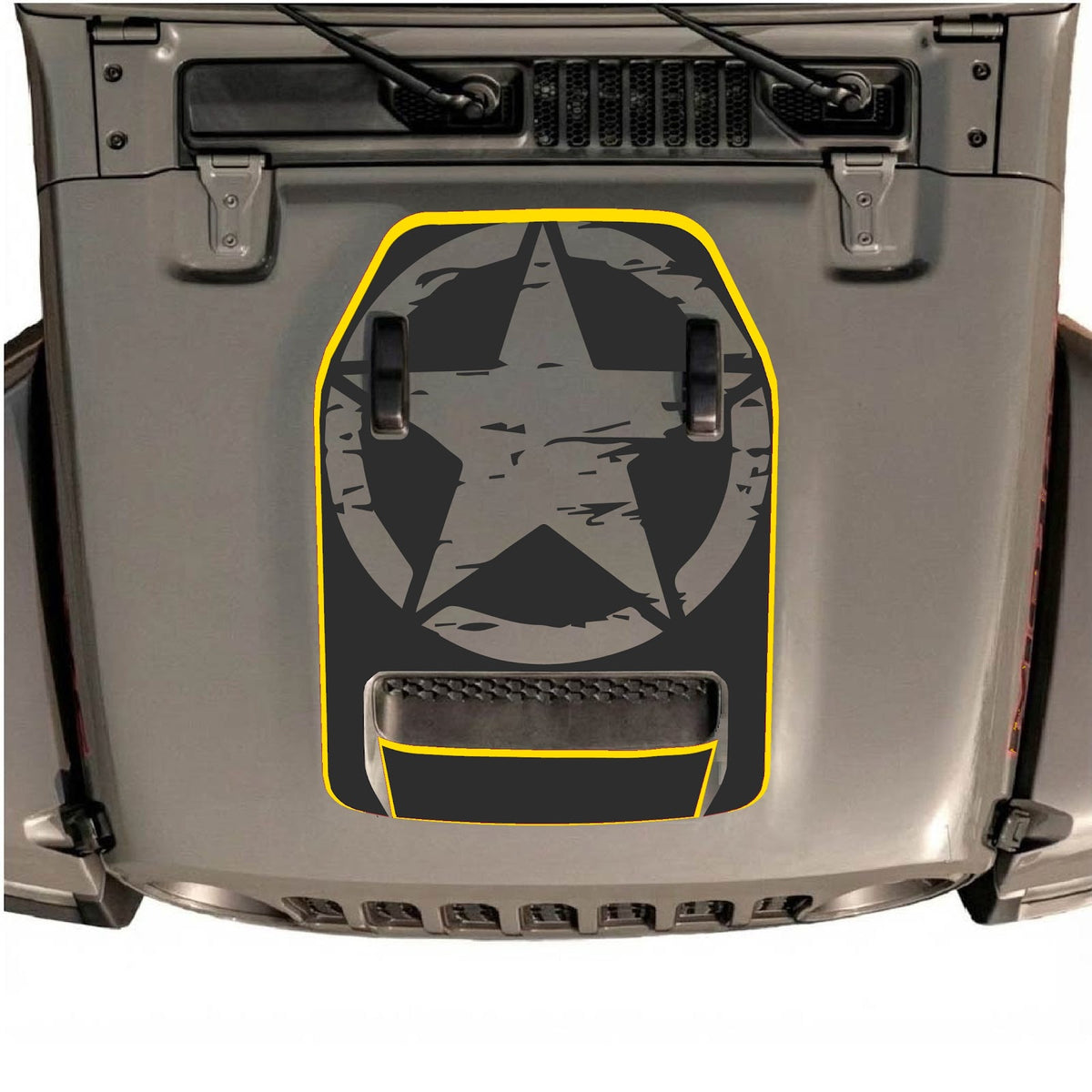 Jeep Wrangler JL/JLU Rubicon 392 and Gladiator Mojave hood decal in style #86, black and silver design on the hood.