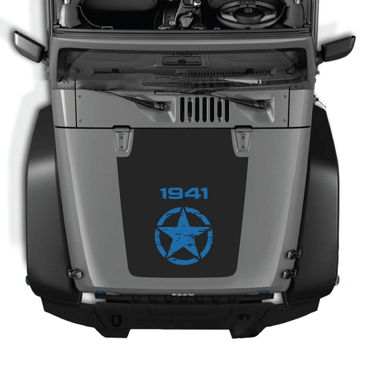 CarCode Jeep Wrangler JK/JKU hood decal in style #14, black graphic design on vehicle hood for 2007-2018 models.