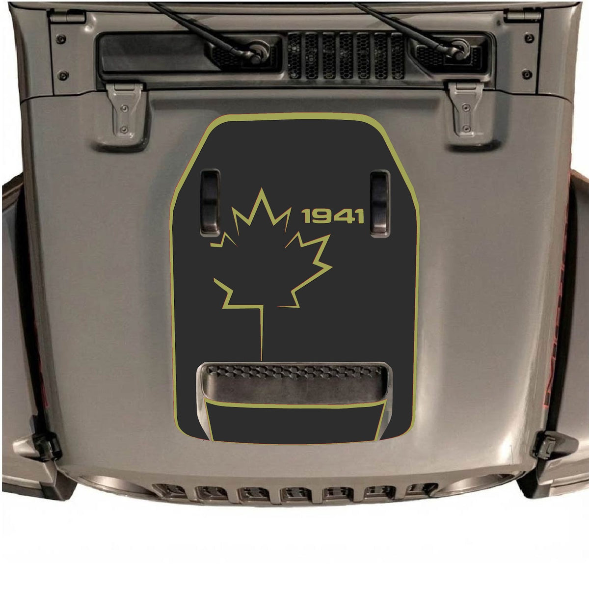 CarCode autocollant de capot pour Jeep Wrangler JL/JLU Rubicon 392 et JT Gladiator Mojave 2020-2026, style #21, montré sur le capot du véhicule.