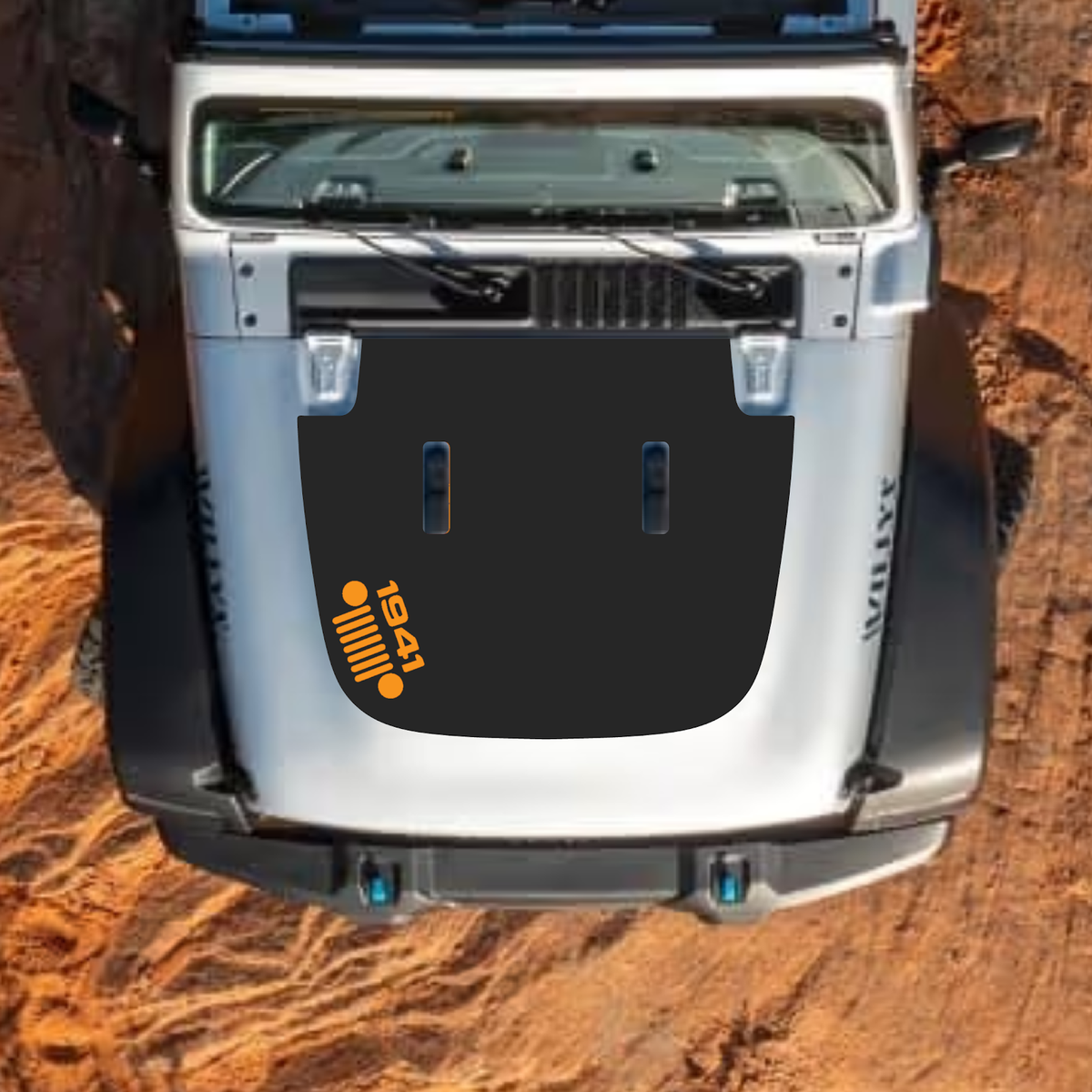 CarCode hood decal for Jeep Wrangler JL and Gladiator JT, stylish decal design on standard hood, 2018+ model.