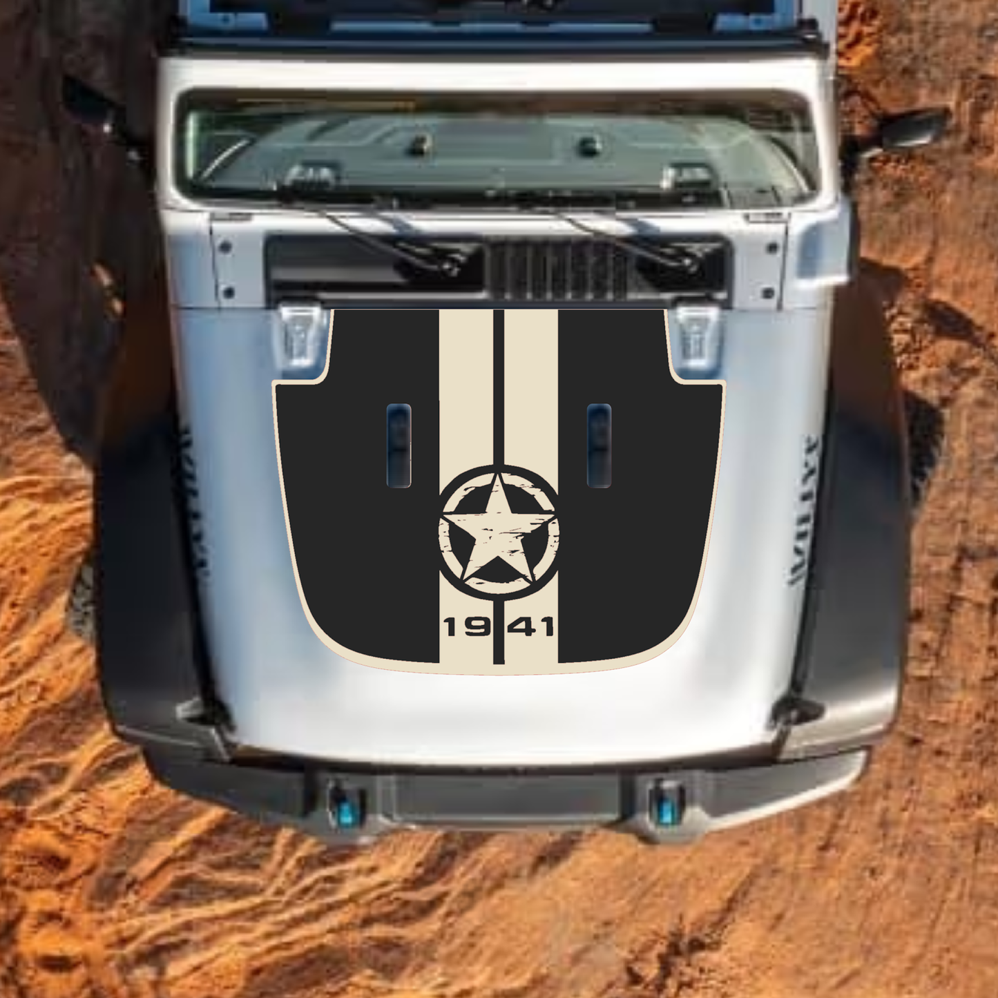 CarCode hood decal for Jeep Wrangler JL and Gladiator JT, stylish #67 design on standard hood, 2018+ model compatibility