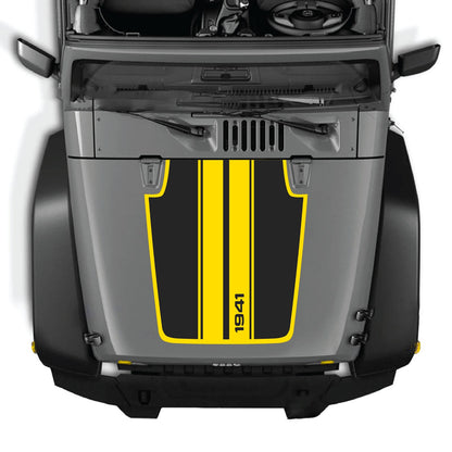 CarCode hood decal for Jeep Wrangler JK/JKU 2007-2018, style #02, black and white graphic design on vehicle's hood.