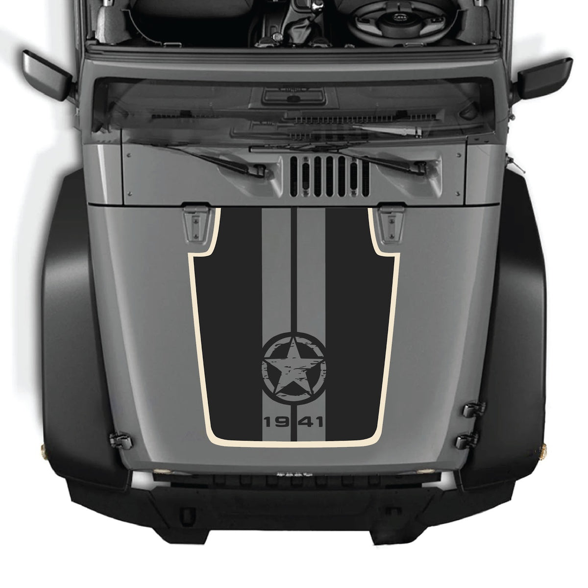 CarCode Jeep Wrangler JK/JKU hood decal Style #92, black and white graphic sticker on hood of 2007-2018 Jeep Wrangler.