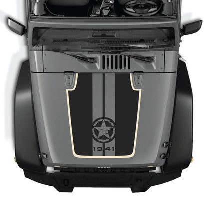 CarCode Jeep Wrangler JK/JKU hood decal Style #92, black and white graphic sticker on hood of 2007-2018 Jeep Wrangler.