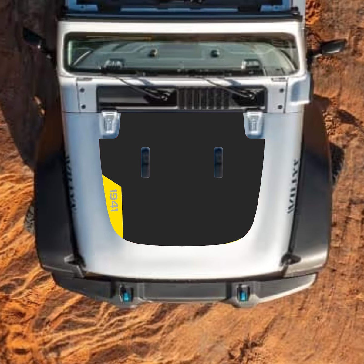 Jeep Wrangler JL and Gladiator JT hood decal in style #94, black and gray design by CarCode on a 2018+ model.