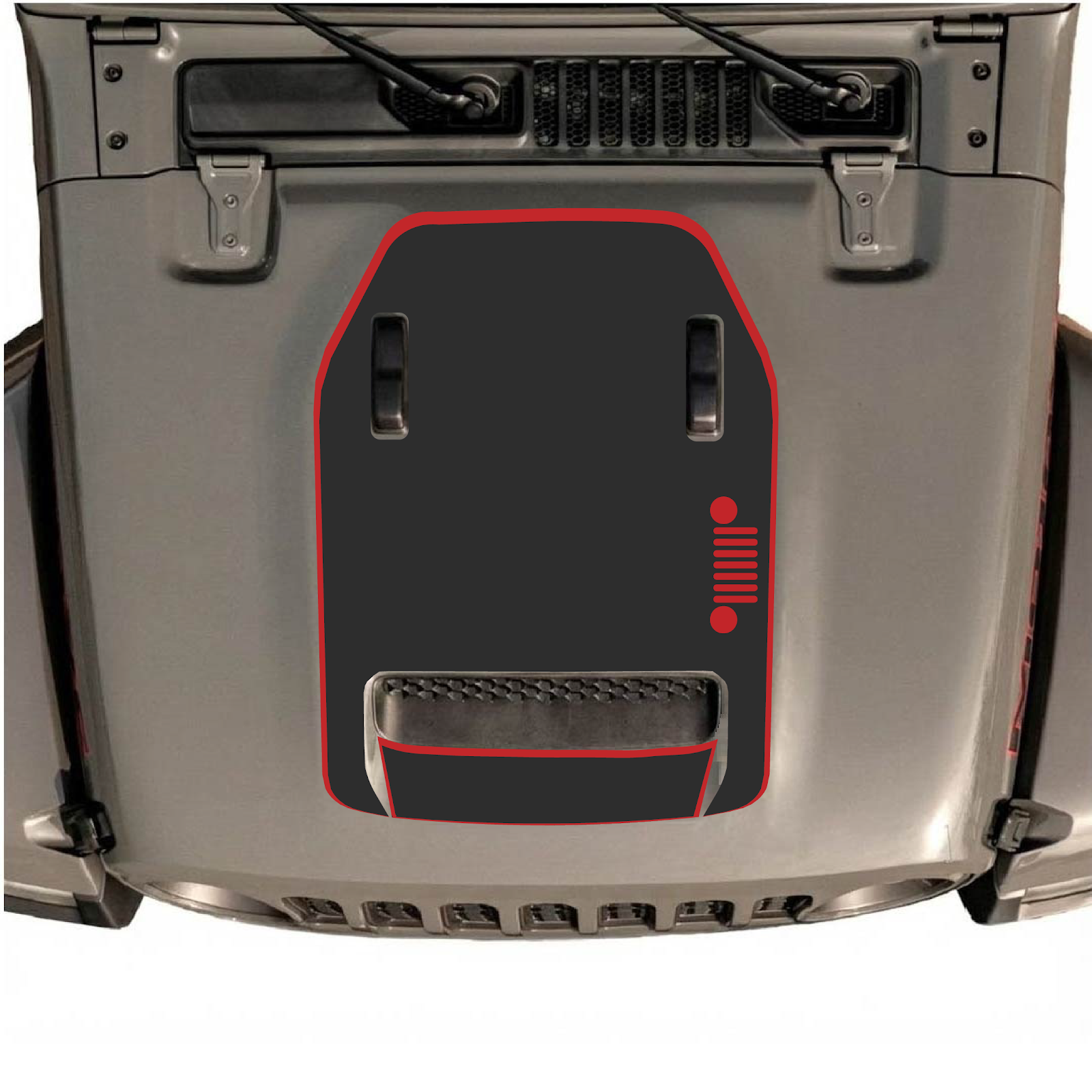 CarCode Jeep Wrangler JL/JLU Rubicon 392 and Gladiator Mojave hood decal, style #57, black and gray graphic design on hood