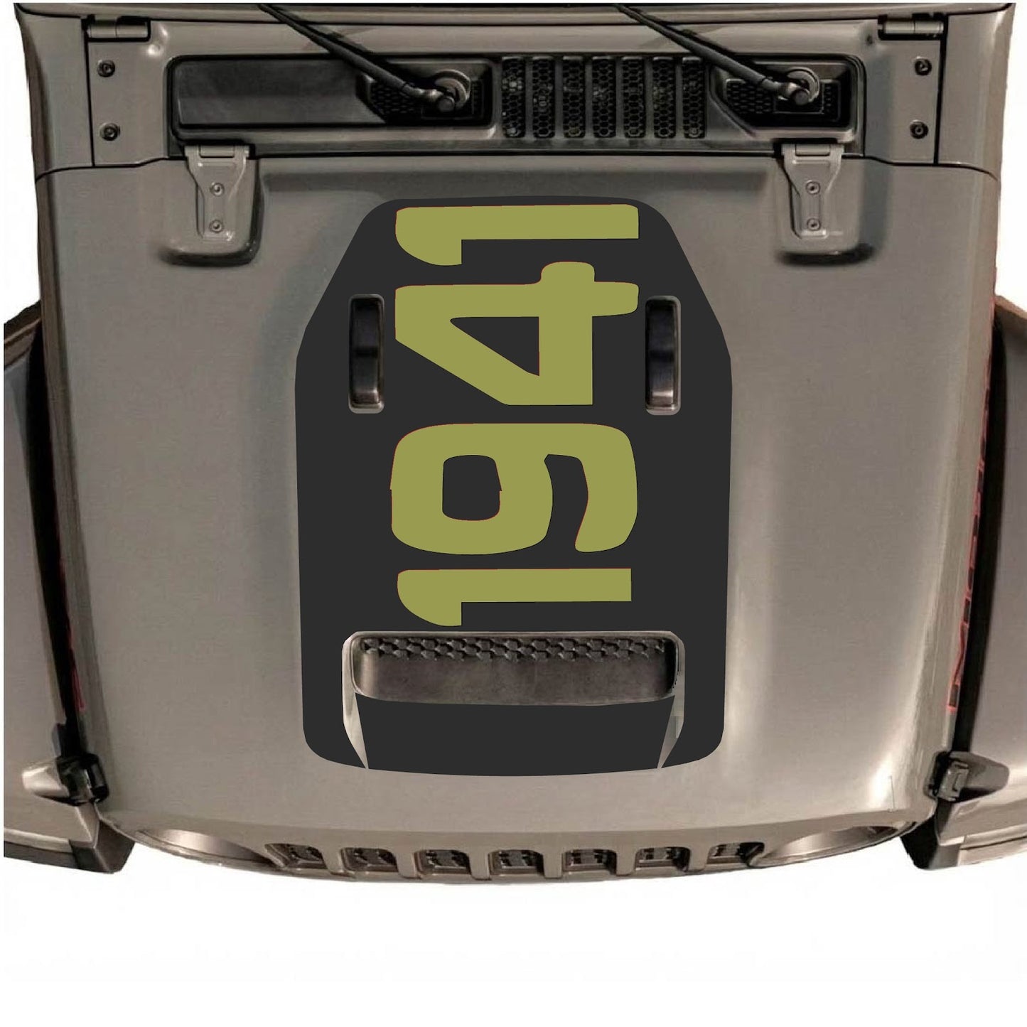 CarCode hood decal for Jeep Wrangler JL/JLU Rubicon 392 and JT Gladiator Mojave, style #02, black graphic on vehicle hood.