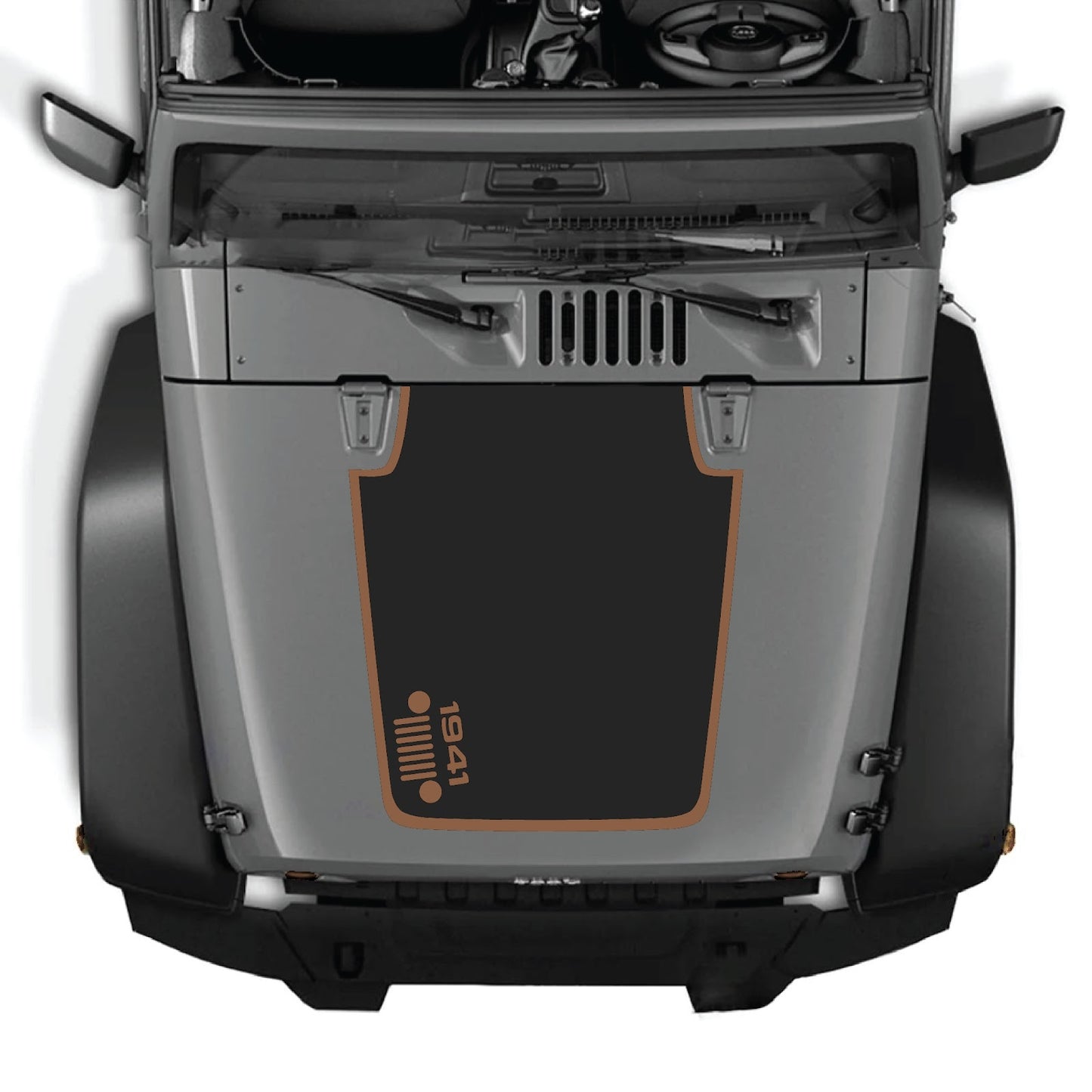 CarCode hood decal for Jeep Wrangler JK/JKU 2007-2018, style #58, shown applied on vehicle hood in black and white design.