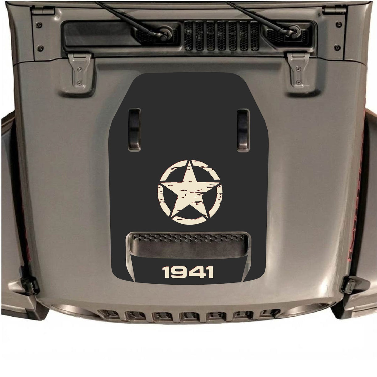 Autocollant de capot Jeep Wrangler JL/JLU Rubicon 392 ou Gladiator Mojave par CarCode, style n°44, avec motif noir et gris sur le capot du véhicule.