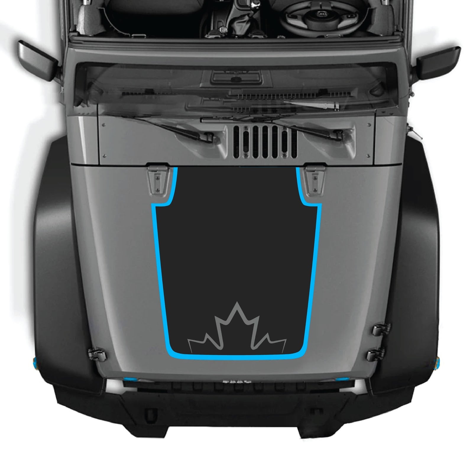 CarCode hood decal for Jeep Wrangler JK/JKU 2007-2018, Style #73, black and white graphic design on vehicle's hood.