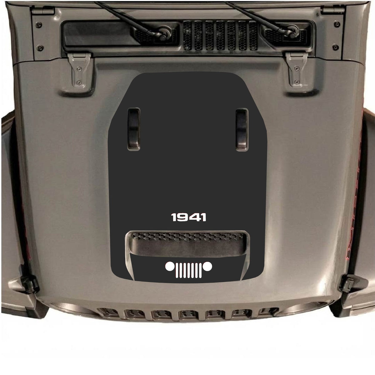 CarCode Jeep Wrangler JL/JLU Rubicon 392 and Gladiator Mojave hood decal in style #60, black graphic design on vehicle hood.