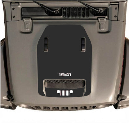 CarCode Jeep Wrangler JL/JLU Rubicon 392 and Gladiator Mojave hood decal in style #60, black graphic design on vehicle hood.