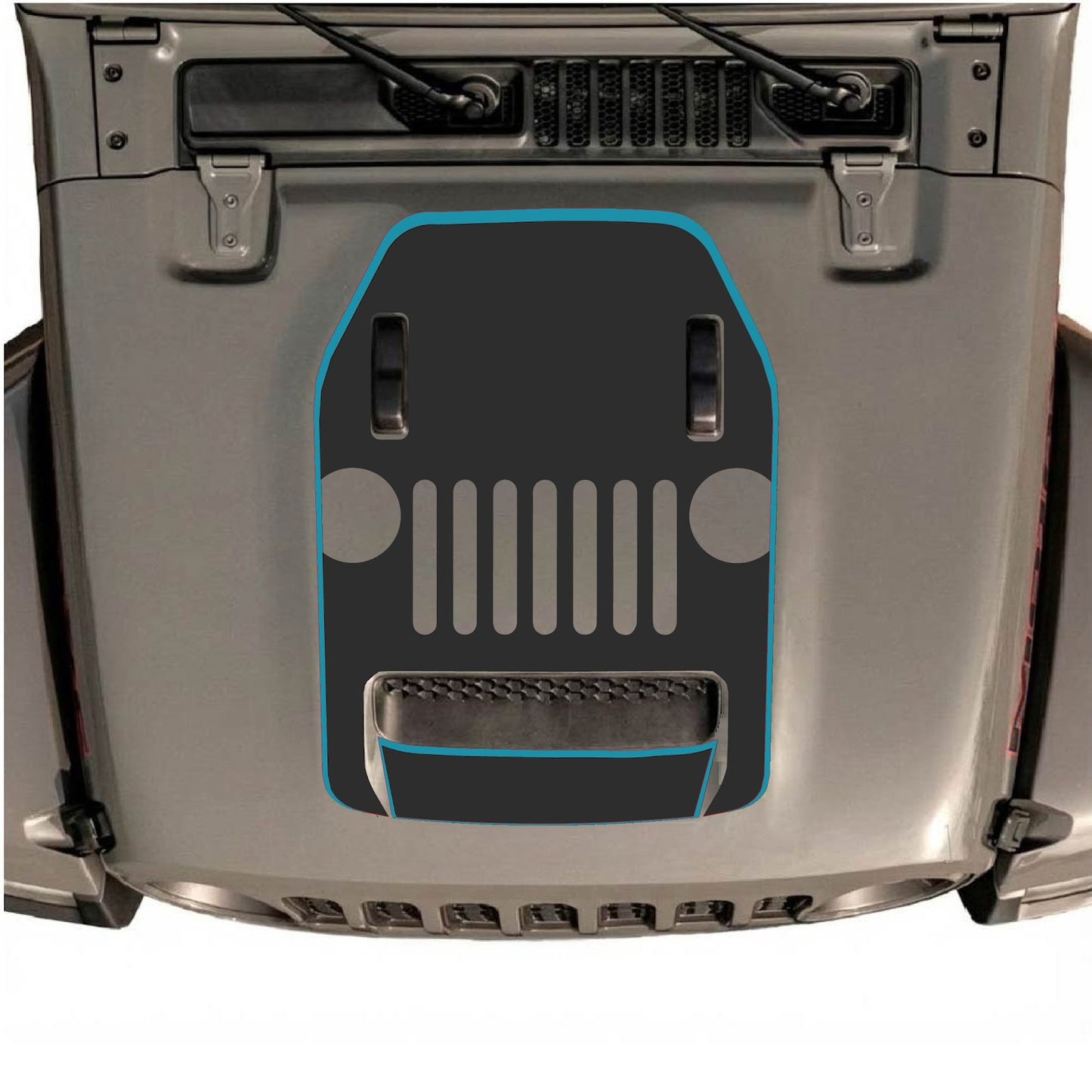 Jeep Wrangler JL/JLU Rubicon 392 and JT Gladiator Mojave hood decal by CarCode, Style #69, featuring bold black and gray design.