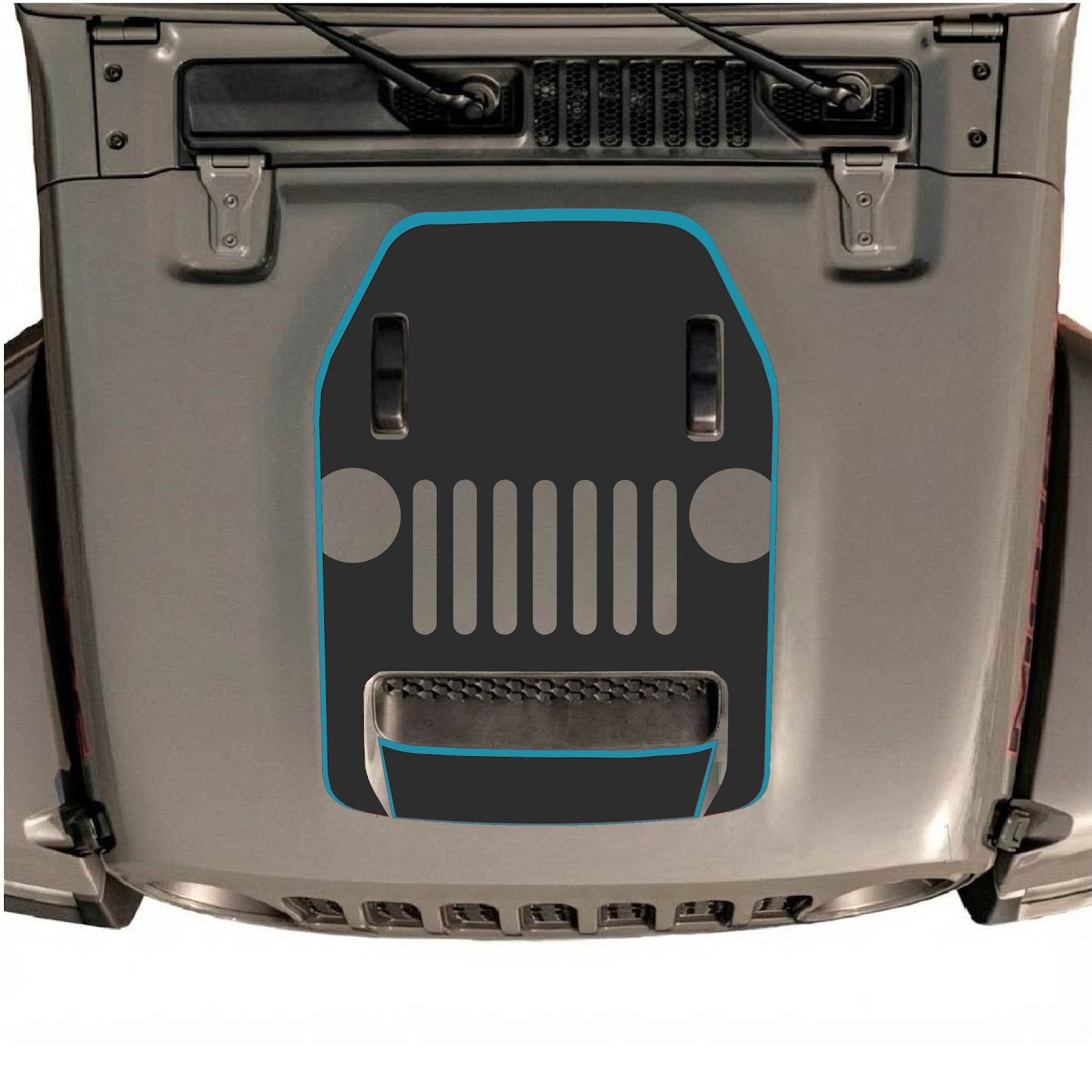 Jeep Wrangler JL/JLU Rubicon 392 and JT Gladiator Mojave hood decal by CarCode, Style #69, featuring bold black and gray design.
