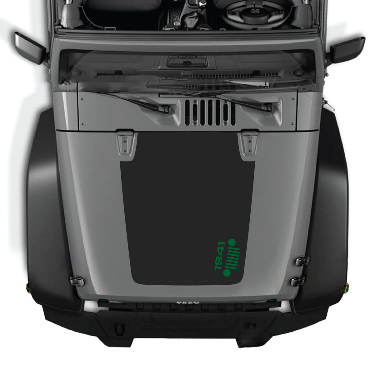 CarCode Jeep Wrangler hood decal in style #60, designed for 2007-2018 JK/JKU models, featuring a sleek black graphic design.