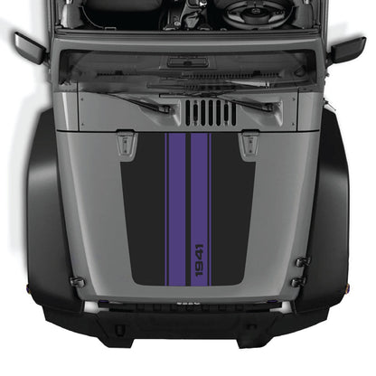 CarCode hood decal for Jeep Wrangler JK/JKU 2007-2018, style #01, shown applied on vehicle hood in black and white design.