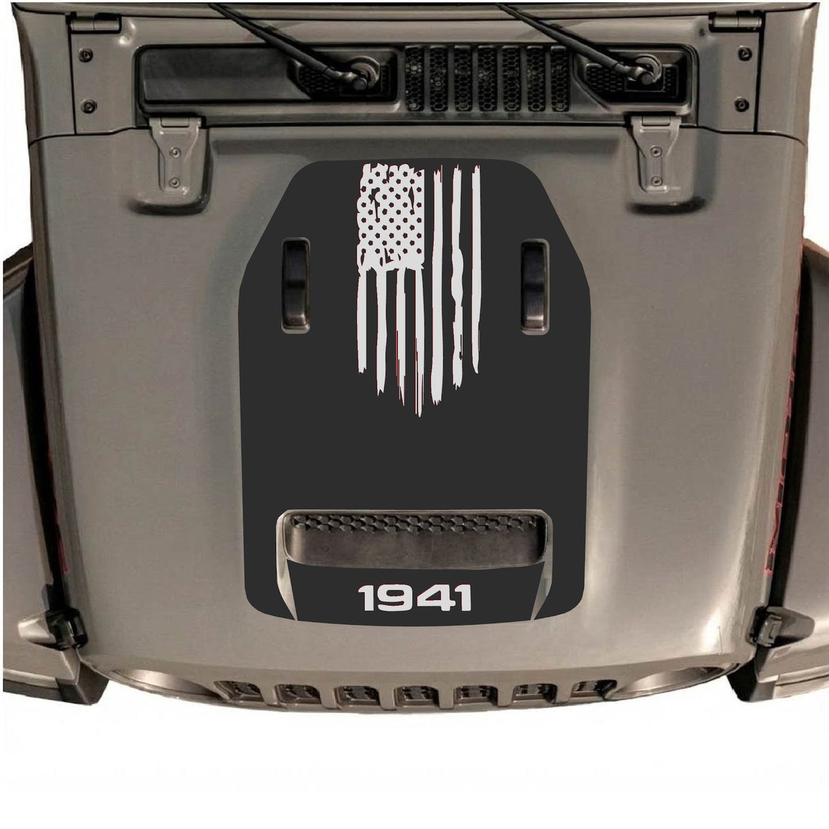 Autocollant de capot Jeep Wrangler JL/JLU Rubicon 392 et JT Gladiator Mojave par CarCode, style #30, présenté sur le capot du véhicule.