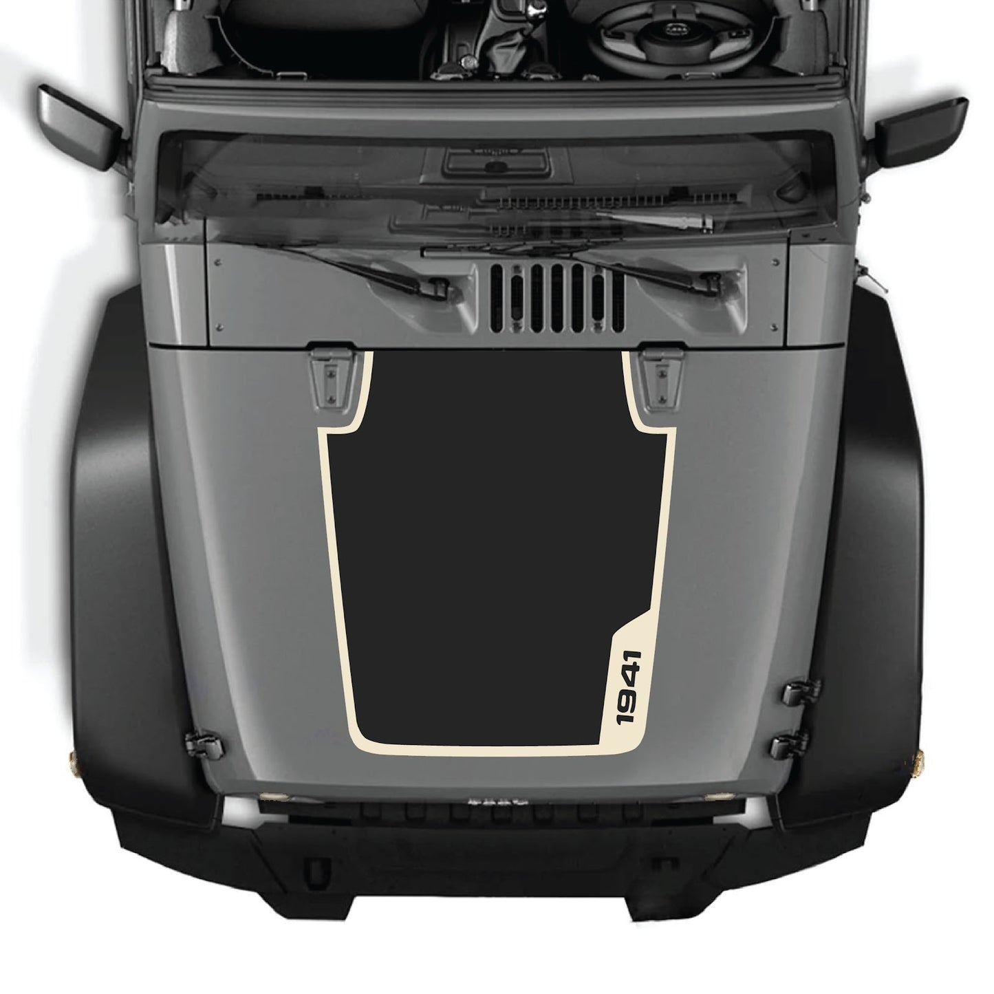 CarCode Jeep Wrangler JK/JKU hood decal in style #36, black graphic design on vehicle hood for 2007-2018 model years.