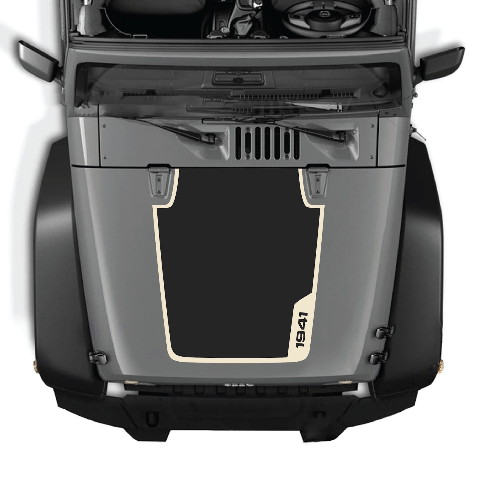 CarCode Jeep Wrangler JK/JKU hood decal in style #36, black graphic design on vehicle hood for 2007-2018 model years.