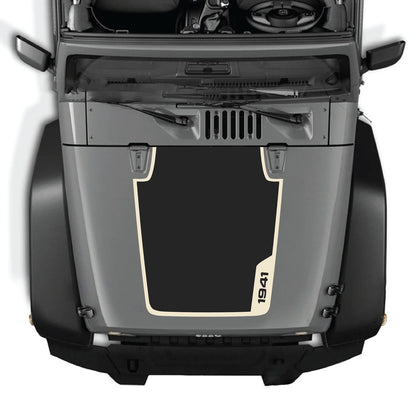 CarCode Jeep Wrangler JK/JKU hood decal in style #36, black graphic design on vehicle hood for 2007-2018 model years.
