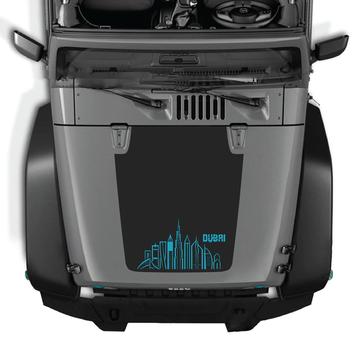 CarCode hood decal for Jeep Wrangler JK/JKU 2007-2018, style #23, shown on vehicle's front hood in black with design details.