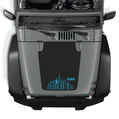 CarCode hood decal for Jeep Wrangler JK/JKU 2007-2018, style #23, shown on vehicle's front hood in black with design details.
