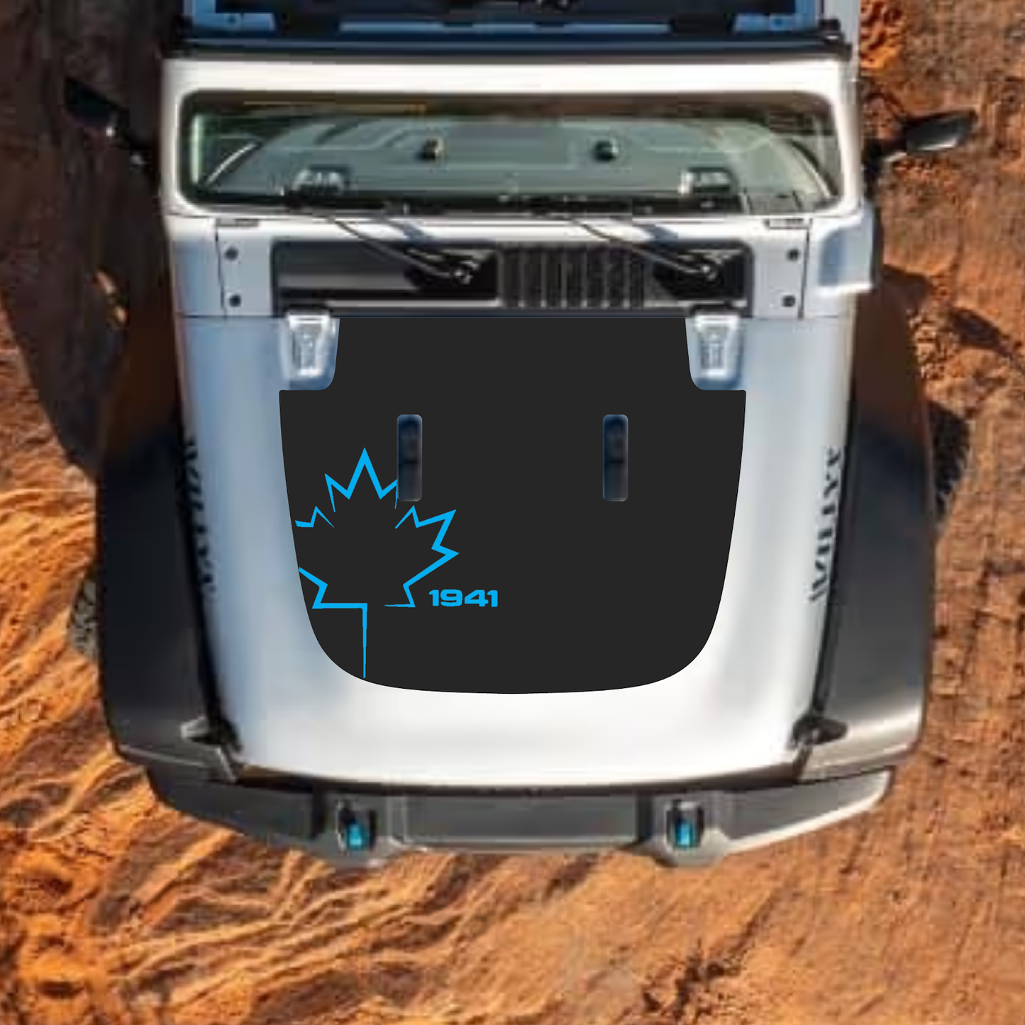 CarCode hood decal for Jeep Wrangler JL, JLU, Gladiator JT 2018+ style #14, black graphic decal on vehicle hood.