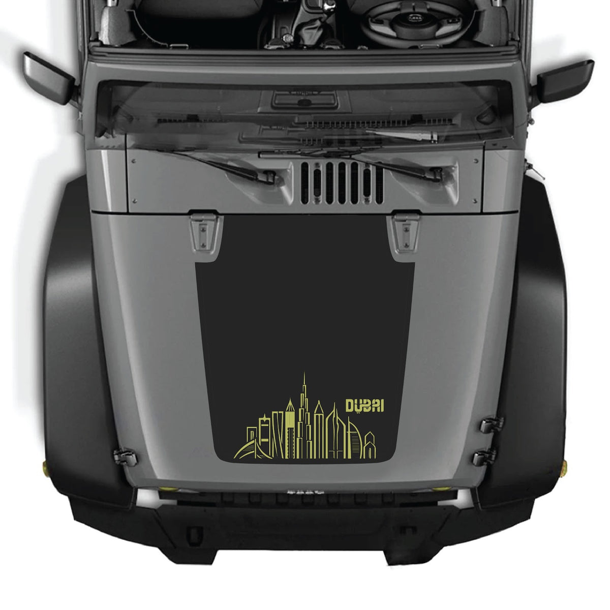 CarCode Jeep Wrangler JK/JKU hood decal, Style #23, in black with bold, sleek design on the vehicle's hood.