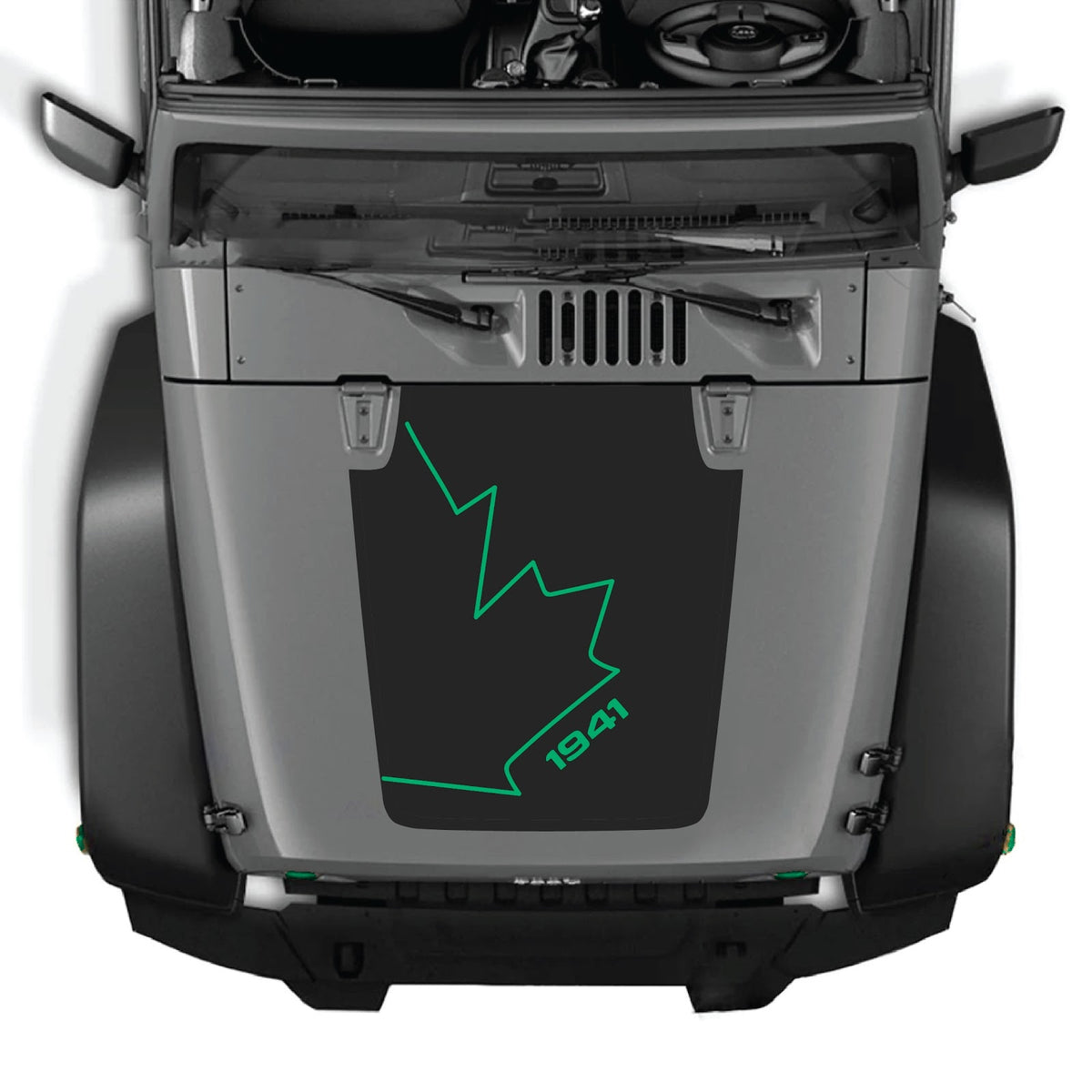 CarCode Jeep Wrangler JK/JKU hood decal in style #08, black and gray graphic design on vehicle hood.