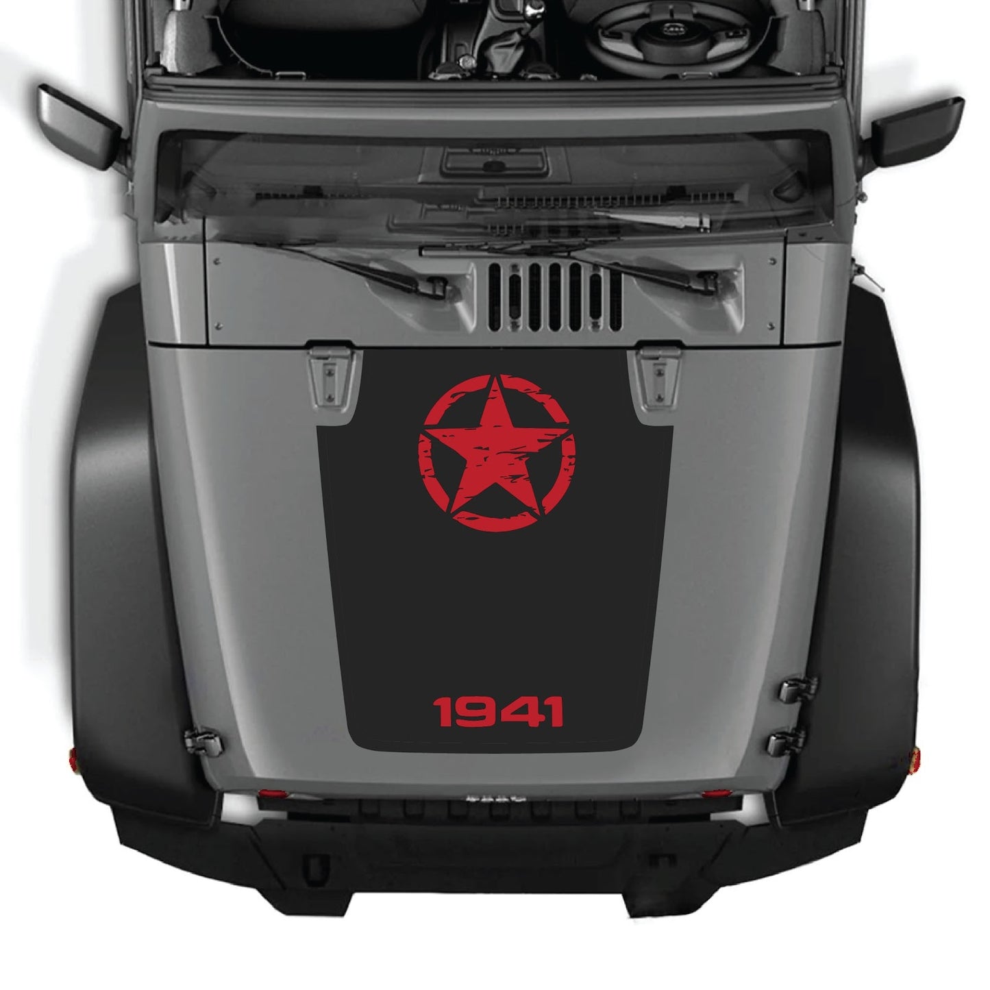 Jeep Wrangler JK/JKU hood decal by CarCode, style #64, black and gray design on a 2007-2018 vehicle hood.