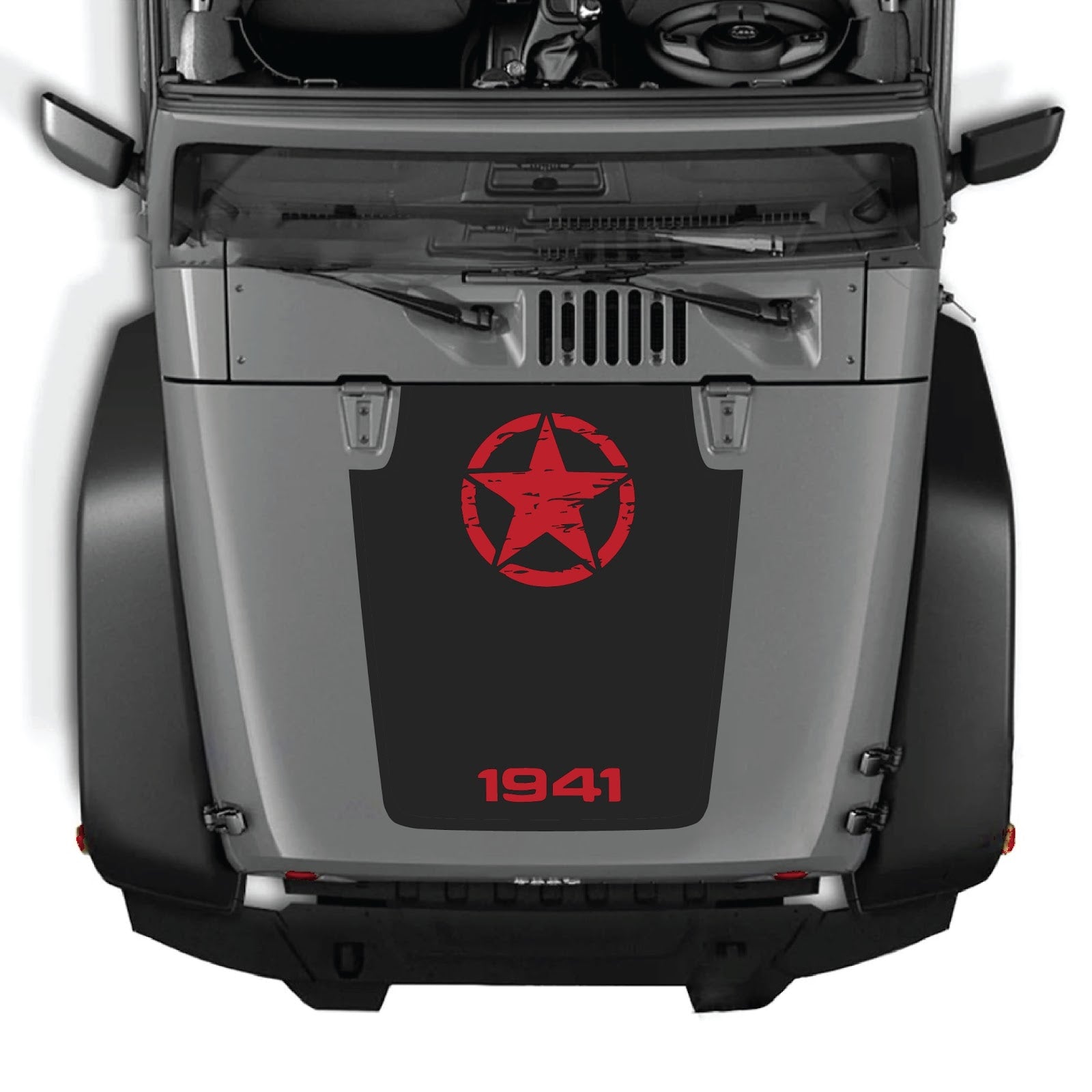 Jeep Wrangler JK/JKU hood decal by CarCode, style #64, black and gray design on a 2007-2018 vehicle hood.